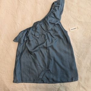 One strap ruffle chambray top